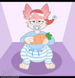4_fingers 4_toes ambiguous_gender anthro big_diaper blue_pacifier bottomwear christmas_clothing christmas_headwear claws clean_diaper clothed clothing diaper diaper_fetish diaper_under_clothing feet fingers front_view fur half-closed_eyes hat head_tuft headgear headwear heart_symbol holding_object holding_plushie holidays huge_diaper multicolored_body multicolored_fur narrowed_eyes object_in_mouth pacifier pacifier_in_mouth pajama_pants pajama_shirt pajamas pattern_bottomwear pattern_clothing pink_body pink_fur pink_inner_ear plushie santa_hat solo standing striped_bottomwear striped_clothing striped_pajamas stripes tan_body tan_fur text tired toe_claws toes tuft wearing_diaper shadyadi christmas moon_(mrmoonmoo) lagomorph leporid mammal rabbit 2023 artist_name hi_res letterbox signature url