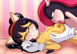 anthro big_breasts black_hair blush breast_lick breast_play breasts clothing duo female food fur gloves hair handwear honey_(food) huge_breasts licking male male/female nipples nude on_the_floor smile tongue tongue_out yellow_body yellow_fur acualia sega sonic_the_fighters sonic_the_hedgehog_(series) honey_the_cat mighty_the_armadillo armadillo domestic_cat felid feline felis mammal xenarthran hi_res