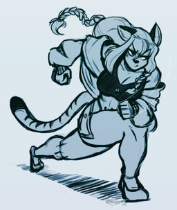 anthro athletic athletic_anthro athletic_female biped blue_background breasts clothed clothed_anthro clothed_female clothing crop_top female footwear front_view jacket long_tail markings off_shoulder open_clothing open_jacket open_topwear pointy_ears pose prick_ears shirt shoes simple_background solo striped_markings striped_tail stripes tail tail_markings text topwear toxicsoul77 felid mammal 2020 artist_name black_and_blue character_request dated digital_drawing_(artwork) digital_media_(artwork) full-length_portrait hi_res portrait signature sketch