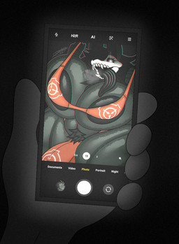 anthro areola big_breasts big_tongue bikini black_areola black_hair bone breasts bulge cellphone clothing crossgender electronics ftg_crossgender fti_crossgender grey_body gynomorph gynomorph_anthro hair holding_cellphone holding_object holding_phone huge_breasts intersex intersex_anthro looking_at_viewer open_mouth phone pubes skull skull_head smartphone solo swimwear text thick_thighs tongue tongue_out two-piece_swimsuit white_eyes daeriusus android_(os) google scp_foundation scp-1471-a canid canine malo mammal monster english_text hi_res