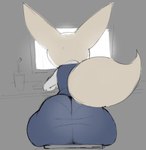 anthro beverage big_butt big_ears bottomwear butt clothed clothing dress_shirt electronics female fully_clothed huge_butt keyboard miniskirt monitor panty_lines rear_view shirt sitting skirt solo topwear vest wide_hips estebon89 aggretsuko sanrio fenneko canid canine fennec_fox fox mammal true_fox 2025 sketch