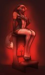 anthro cheek_tuft clothed clothing facial_tuft female grey_body hair looking_at_viewer narrowed_eyes nipples red_body red_hair simple_background sitting smile smirk solo tuft seraphictiger canid mammal artist_name hi_res red_theme