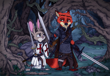 anthro armor barefoot chainmail claws clothed clothing cross detailed_background dipstick_ears dipstick_tail dual_wielding duo ear_markings feet female flat_chested forest frown fur gloves green_eyes handwear holding_melee_weapon holding_object holding_sword holding_weapon inner_ear_fluff looking_back male markings melee_weapon multicolored_ears multicolored_tail outside plant purple_eyes sword tail tail_markings toe_claws tree tuft vines weapon ziegelzeig disney zootopia judy_hopps nick_wilde canid canine fox lagomorph leporid mammal rabbit red_fox true_fox 2017 absurd_res hi_res