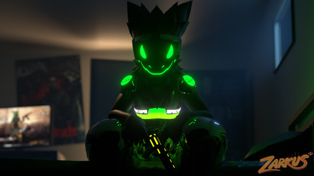 anthro armor bed bedroom biped black_hand black_hands body_hair bookshelf breastplate bull_squat c.a.m. chest_fur chest_hair chest_tuft chrome chrome_body cybernetic_arm cybernetic_hand cybernetic_limb cybernetics der_eisendrache_(call_of_duty) desk digitigrade electronics fingers fluffy fluffy_ears fluffy_hair fluffy_neck_fur fur furniture glistening glistening_body glowing glowing_body glowing_eyes glowing_weapon green_body green_eyes grey_body grey_fur grey_hair gun hair handgun holding_object inside logo looking_at_viewer m1911 machine male markings metal metallic_body military monitor neck_tuft night on_bed pillow pistol poster prosthetic prosthetic_arm prosthetic_hand prosthetic_limb protogen_armor protogen_face protogen_visor protogenized ranged_weapon reflection revolver robotic robotic_arm robotic_hand robotic_limb screen screen_face sitting sitting_on_bed smile soldier solo special_forces table text tuft warrior weapon zarkus nukude_(modeler) activision call_of_duty call_of_duty:_black_ops call_of_duty:_black_ops_iii cod_zombies yuri_chacal canid canine canis jackal mammal protogen 16:9 2025 3d_(artwork) 4k absurd_res artist_logo artist_name blender_(artwork) colored digital_media_(artwork) english_description english_text hi_res signature watermark widescreen male_(lore)