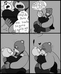 anthro blush bottomwear clothing dialogue duo exclamation_point eyes_closed eyewear glasses hug kissing pants shirt sitting surprise text topwear axismarcy unicorn_wars padre_(unicorn_wars) sargento_caricias bear mammal 2023 absurd_res comic hi_res monochrome spanish_text translation_check translation_request