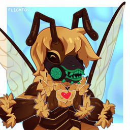 abstract_background antennae_(anatomy) anthro blonde_hair brown_body brown_eyes gas_mask hair heart_symbol insect_wings looking_at_viewer male mask multi_arm multi_limb simple_background smile solo wings yellow_body flightov muzzikon arthropod bee hymenopteran insect 1:1 bust_portrait digital_media_(artwork) half-length_portrait hi_res portrait