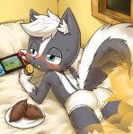 anthro bed blue_eyes blush briefs butt clothing electronics fart food fur furniture game_console hair male plant presenting presenting_hindquarters smell solo sweet_potato underwear vegetable white_body white_fur young young_anthro riroburo nintendo nintendo_switch kambu_the_skunk mammal mephitid skunk hi_res