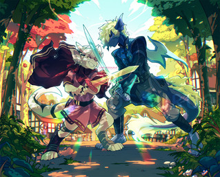 anthro biped claws clothed clothing duo_focus feral fungus group holding_melee_weapon holding_object holding_sword holding_weapon male melee_weapon mushroom plant sword tail tree weapon shrimposaurus mythology haru_(warden006) ladon_(character) dragon equid equine horse mammal mythological_creature mythological_scalie scalie hi_res