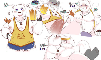 5_fingers alcohol ambiguous_gender anthro beer beverage biped black_nose blue_eyes blush bodily_fluids bottomless bottomwear bubble bulge circumcised clothed clothing container crouching cum cup directional_arrow drinking drooling drunk drunk_bubble duo erection erection_under_clothing erection_under_shirt feet fellatio fingerless_gloves fingers footprint footwear fur genital_fluids genitals gloves grin half-closed_eyes hand_on_knee hand_on_leg handwear heart_eyes heart_symbol holding_container holding_cup holding_object humanoid_genitalia humanoid_penis jewelry legwear looking_at_viewer looking_down lying male male/ambiguous manly motion_lines musclegut muscular muscular_male narrowed_eyes navel necklace nipples nude on_back open_mouth oral pawprint penile penis precum pubes saliva sex sharp_teeth shirt shorts simple_background smile snout socks solo speech_bubble standing stocky substance_intoxication sweat tank_top teeth text tongue tongue_out topwear vein white_background white_body white_fur bighornsheep_(artist) bear mammal polar_bear ursine english_text multiple_scenes