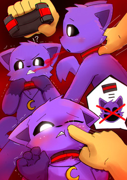 4_fingers 5_fingers ambiguous_gender angry anthro bar_emanata biped black_eyebrows black_nose black_sclera blush catnap's_red_smoke cheek_tuft collar duo ears_down emanata eyebrows faceless_ambiguous faceless_character facial_tuft fingers fur gas gloves_(marking) glowing glowing_collar glowing_eyes interrobang jewelry male male_anthro markings metal_collar moon_necklace necklace nude nude_anthro nude_male one_eye_closed pivoted_ears pointy_ears poking purple_body purple_fur purple_inner_ear purple_tail scared shaking smoke smoke_from_mouth solo_focus speech_bubble tail teeth trembling tuft white_eyes young young_anthro young_male pustcat_vanie mob_entertainment poppy_playtime smiling_critters catnap_(poppy_playtime) ambiguous_species domestic_cat felid feline felis mammal 2025 digital_media_(artwork) hi_res