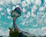 ambiguous_gender basket bread clothing cloud container food grass green_pseudo_hair headgear headwear holding_object looking_up one_eye_closed open_mouth pink_eyes plant pseudo_hair sky solo tongue white_body gyuragyura nintendo pokemon gardevoir generation_3_pokemon humanoid pokemon_(species) 2025