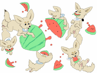 blue_clothing brown_body brown_fur brown_tail clothing eating eating_food eyes_closed fangs feral food fruit fur holding_food holding_object melon open_mouth pawpads paws plant solo tail teeth watermelon white_clothing puppkittyfan1 canid canine fennec_fox fox mammal true_fox 2018 4:3 hi_res