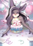 anthro birthday cake clothing dessert dress ear_piercing ear_ring female food fur grey_body grey_fur hair multicolored_hair party piercing ring_piercing cyndybell jessica_reiki lagomorph leporid mammal rabbit absurd_res hi_res