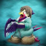 1:1 2012 4_toes anisodactyl avian avian_feet beak bird brown_hair clothing feathers feet forked_tail generation_3_pokemon hair head_tuft jacket kneeling male nintendo open_beak open_mouth pokemon pokemon_(species) red_eyes sento_(pixiv) simple_background solo surprise tail taillow talons toes tongue topwear transformation tuft unusual_anatomy unusual_tail