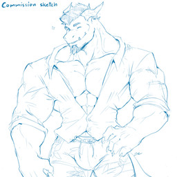 5_fingers anthro barazoku bulge clothing fingers horn looking_at_viewer male one_eye_closed shirt simple_background solo topwear white_background wink sollyz mythology dragon mythological_creature mythological_scalie scalie 1:1 2017 blue_and_white digital_drawing_(artwork) digital_media_(artwork) hi_res monochrome signature sketch
