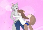 anthro blue_bottomwear blue_clothing blue_pants bottomwear brown_body brown_fur clothed clothing duo female fur grey_body grey_fur happy hug male male/female nervous pants shirt topless topless_male topwear white_clothing white_shirt white_topwear silverbunny canid canine canis mammal wolf