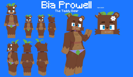 anthro barely_visible_genitalia barely_visible_vulva big_butt blue_background blue_clothing blue_eyes blue_panties blue_underwear blush breasts brown_body brown_fur butt cheek_tuft clothed clothing facial_tuft featureless_breasts featureless_crotch female flower flower_on_head front_view fur g-string genitals leaf leaf_clothing leaf_on_head notched_ear panties plant plushie rear_view simple_background smile solo text thick_thighs thong topless tuft underwear vulva zipper zipper_mouth slipperyt microsoft minecraft mojang xbox_game_studios bia_(slipperyt) animate_inanimate bear living_plushie mammal teddy_bear_(species) 2020 3d_(artwork) absurd_res digital_media_(artwork) english_text hi_res model_sheet