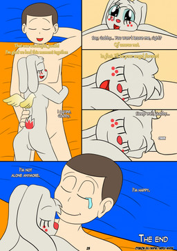 after_sex anthro bodily_fluids cartoon_freckles crying dialogue duo eyelashes female freckled_face freckles genitals happy long_eyelashes male male/female sleeping_nude tears tears_of_joy text vulva wings otakon_(artist) angel_hare the_east_patch angel_gabby jonah_whitman angel human lagomorph leporid mammal rabbit comic english_text hi_res