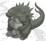 anthro balls barazoku belly belly_grab belly_overhang belly_squish biceps big_balls big_belly big_muscles big_penis bird's-eye_view claws clenched_teeth deltoids flaccid foreskin genitals glans hand_on_belly high-angle_view huge_balls huge_belly huge_muscles huge_penis humanoid_genitalia humanoid_penis macro male musclegut muscular muscular_anthro muscular_male narrowed_eyes non-mammal_balls nude outside overweight overweight_anthro overweight_male pecs penis scales shadow simple_background solo squish standing teeth thick_arms thick_penis thick_thighs white_background vexedlupine godzilla_(series) toho godzilla kaiju monster reptile scalie 2025 absurd_res greyscale hi_res monochrome