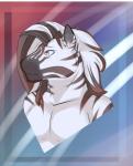 abstract_background anthro black_body black_fur black_hair bust_portrait collarbone equid equine fur hair hi_res looking_aside male mammal manly multicolored_hair nude portrait sabo_punk smile solo source_request spacemutty stripes white_body white_eyes white_fur white_hair zebra