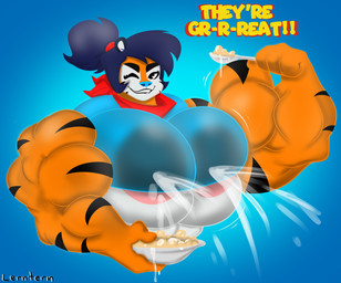 anthro big_breasts big_muscles bite biting_lip biting_own_lip bodily_fluids breasts clothing countershading crossgender female huge_breasts huge_muscles hyper hyper_breasts hyper_muscles lactating lactating_through_clothing looking_at_viewer mascot mtf_crossgender muscular muscular_female one_eye_closed self_bite simple_background solo wet wet_clothing wink winking_at_viewer lerntern frosted_flakes kellogg's tony_the_tiger felid mammal pantherine tiger 2022 absurd_res hi_res