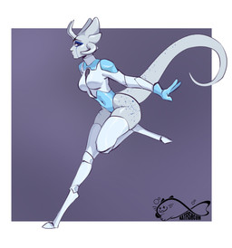 breasts clothed clothed_female clothed_humanoid clothing female fingers gloves grey_body grey_eyes grey_horn grey_tail handwear horn navel side_view simple_background solo tail katfishcom alien humanoid 2025 digital_drawing_(artwork) digital_media_(artwork) hi_res