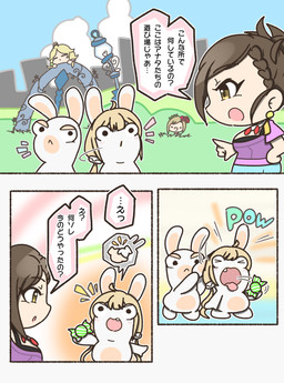 3_panel_comic 4_fingers accessory ambiguous_anthro ambiguous_gender anthro bangs belly bent_arm biped black_eyebrows black_eyes blonde_hair blue_bottomwear blue_clothing blue_skirt blush blush_lines bottomwear braided_hair breasts brown_hair brown_pupils candy city cityscape closed_frown clothed clothed_female clothed_human clothing cloud dessert dialogue dot_eyes ear_piercing ear_pull ellipsis eye_contact eyebrow_through_hair eyebrows eyelashes eyes_closed featureless_crotch featureless_legs female female_anthro female_human fingers flower flower_in_hair food frown fully_clothed fully_clothed_female fully_clothed_human fur furrowed_eyebrows grass group hair hair_accessory hand_on_hip hand_on_own_hip happy head_turned holding_candy holding_food holding_object larger_female larger_human light long_ears long_hair looking_at_another mitten_hands motion_lines mouth_closed multicolored_body no_eyebrows no_pupils noseless nude nude_ambiguous nude_anthro nude_female offering_food open_mouth open_smile outline pawpads piercing pigtails pink_tongue plant pupils purple_clothing purple_shirt purple_topwear question_mark red_flower shirt short_hair short_legs simple_eyes size_difference skirt sleeping smaller_ambiguous smaller_anthro smaller_female smile smiling_at_another speech_bubble spitting_out standing straight_arm street_lamp tan_belly tan_body tan_eyelids tan_inner_ear tan_pawpads tan_skin teeth text tongue tongue_out topwear translucent translucent_hair two_tone_body white_body white_fur white_hair_tie white_outline charisuke cygames idolmaster idolmaster_cinderella_girls raving_rabbids rayman_(series) ubisoft apricot_(charisuke) fan_character kozue_yusa rena_hyodo yumi_aiba human lagomorph mammal rabbid 2020 cel_shading colored comic crossover digital_drawing_(artwork) digital_media_(artwork) hi_res japanese_description japanese_text lighting right_to_left shaded translation_request