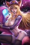 areola beret blonde_hair breasts clothing female fox_tail fur glitter hair hat headgear headwear heart_symbol magic multi_tail nipples panties pink_areola pink_body pink_fur pink_nipples solo sparkles spell tail underwear undressing whiskers yellow_eyes sakimichan league_of_legends riot_games tencent ahri_(lol) animal_humanoid canid canid_humanoid canine canine_humanoid fox fox_humanoid humanoid mammal mammal_humanoid hi_res