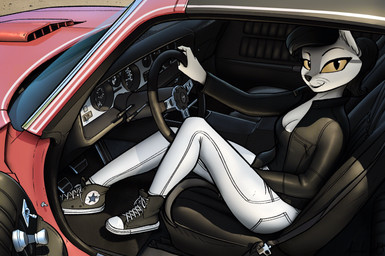 anthro bottomwear breasts car clothing denim denim_bottomwear denim_clothing female footwear jacket jeans leather leather_clothing leather_jacket leather_topwear looking_at_viewer pants shoes sitting_in_car sneakers solo topwear vehicle apocheck13 converse pontiac pontiac_firebird elya_(apocheck13) domestic_cat felid feline felis mammal hi_res