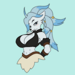 anthro big_breasts bottomwear bra breasts cleavage clothed clothing female hair huge_breasts loincloth long_hair npc skirt snezhnaya underwear video_game_character warrior rexrebelheart_(artist) genshin_impact mihoyo canid canine fox mammal 1:1 bust_portrait portrait