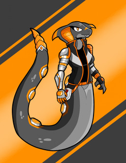 anthro apode big_tail black_body clothing cybernetic_arm cybernetic_limb cyberpunk female jacket legless orange_body serpentine solo tail topwear phunter15 ashley_(phunter) draconcopode naga reptile scalie snake hi_res