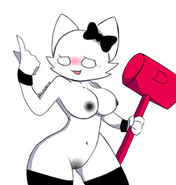 accesory anthro areola big_breasts black_accessory black_areola black_bow_tie black_bracelet black_clothing black_legwear black_nipples black_vulva blush bow_tie bracelet breasts claws clothing female fur genitals hammer jewelry katmin_(pursuitcore) legwear nipples no_pupils open_mouth open_smile pose smile solo standing tools vulva white_body white_eyes white_fur wide_hips yuizam pursuitcore domestic_cat felid feline felis lolcat_(species) mammal 2026 colored hi_res pinup
