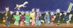 anthro asian_clothing clothing east_asian_clothing female feral fur group japanese_clothing kimono male night outside white_body white_fur kaho_nishikawa asian_mythology east_asian_mythology japanese_mythology mythology canid canine fox mammal red_fox true_fox absurd_res hi_res traditional_media_(artwork)