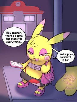 bedroom_eyes body_writing bottomwear clothing dialogue dirty_talk electronics eyeshadow female feral first_person_view footwear interspecies looking_at_viewer makeup narrowed_eyes offering_sex outside phone piercing pink_eyes pokephilia prostitution seductive shoes skirt solo tattoo text tongue tongue_out milachu92 nintendo pokemon milachu generation_1_pokemon mammal mouse murid murine pikachu pokemon_(species) rodent 3:4 absurd_res english_text hi_res