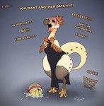 anthro avian bird bird_wyvern blush bodily_fluids bottomwear breasts capcom clothing crying dialogue dress egg english_text eyewear feathers female gift glasses happy hi_res kulu-ya-ku legwear monster_hunter semi-anthro solo stockings tail tears tears_of_joy text thick_tail thick_thighs thigh_highs toby_art wide_hips