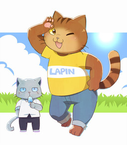 anthro bottomwear clothing cloud detailed_background duo food grey_body kemono male one_eye_closed outside pants popsicle shirt sun text text_on_clothing text_on_shirt text_on_topwear topwear nikiciy working_buddies! kuehiko_roshihara tapio_chatarozawa domestic_cat felid feline felis mammal 2018
