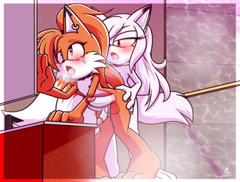 bangs bathroom big_butt big_penis bigtail bodily_fluids butt duo ear_piercing femboy femboy/femboy from_behind_position fur genital_fluids genitals hair hand_on_butt hand_on_wall heart_eyes heart_symbol inner_ear_fluff male male/male nude orange_body orange_fur penis piercing ponytail precum sex thick_thighs tongue tongue_out tuft white_body white_fur white_hair x-ray_view xxkenthewolfxx sega sonic_the_hedgehog_(series) fan_character canid canine fox mammal absurd_res hi_res