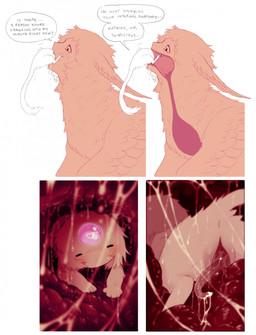 anus bodily_fluids cloacal_penis cum detailed_background dialogue drooling duo eyes_closed feathers female feral forehead_gem fur gem genital_fluids genitals glistening glistening_genitalia glistening_penis heart_symbol inside internal male mouthless orange_body orange_feathers penis pink_gem saliva simple_background size_difference smaller_feral smaller_male soft_vore speech_bubble swallowing tail tapering_penis text vore white_background white_body white_fur white_tail jejejunum european_mythology greek_mythology mythology secret_(jejejunum) whisper_(jejejunum) avian fraid_(species) harpy mythological_avian mythological_creature nethermare spirit 2026 comic english_text hi_res female_(lore)