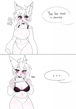 2_horns 5_fingers ahoge anthro bangs big_breasts blush bra breasts choker clothed clothing clothing_lift collarbone cropped_sweater cute_fangs ear_piercing eyelashes fangs female fingers hair horn jewelry navel necklace offscreen_character panties pantsless piercing question_mark short_hair small_waist smile solo speech_bubble sweater sweater_lift teeth text topwear underwear pomfishee bra_strap_showing_(meme) felid feline mammal english_text hi_res meme