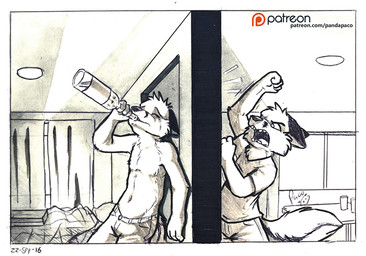angry anthro bodily_fluids bottle bottomwear cheek_tuft clothed clothing container crying drinking_alcohol duo ears_back facial_tuft fangs head_tuft holding_bottle holding_container holding_object inside logo male male_anthro navel open_mouth pants pivoted_ears sad shirt standing t-shirt tears teeth topless topwear tuft pandapaco canid canine fox mammal 2016 artist_logo dated signature spot_color