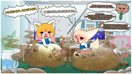 anthro bodily_fluids clothed clothing diaper embarrassed feces female genital_fluids groping_diaper group male pooping soiled_diaper soiling soiling_diaper stink_fumes text trio unclean_diaper urine used_diaper using_diaper wearing_diaper wet_diaper tenerius aggretsuko sanrio director_ton fenneko retsuko ailurid canid canine domestic_pig fennec_fox fox mammal red_panda suid suine sus_(pig) true_fox 16:9 absurd_res english_text hi_res widescreen