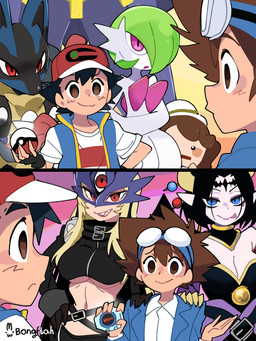 3_eyes anthro black_clothing black_fingerless_gloves black_gloves black_hair black_handwear blue_eyes bodily_fluids breasts brown_hair cleavage clothed clothing female fingerless_gloves fingers fully_clothed gloves group hair hand_on_shoulder handwear holding_object holding_pokeball horn larger_female multi_eye pointy_ears pokeball red_eyes shirt shoulder_grab size_difference standard_pokeball sweat topwear under_boob white_clothing white_shirt white_topwear bongftah bandai_namco digimon nintendo pokemon digimon_(species) generation_4_pokemon generation_6_pokemon horned_humanoid human humanoid lucario mammal mega_evolution mega_gardevoir pokemon_(species) 2025 3:4 absurd_res crossover hi_res