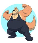 anthro belly big_belly black_nose brown_body male musclegut muscular overweight overweight_male simple_background solo wrestling_singlet talegas brok_the_investigator cowcat_games sin_silver kangaroo macropod mammal marsupial 2022 hi_res