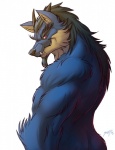 anthro beard black_hair blue_body blue_fur facial_hair fur glowing glowing_eyes hair looking_aside looking_at_viewer male muscular muscular_anthro muscular_male nude red_eyes side_view simple_background smile solo white_background solidasp canid canine canis mammal wolf 2008