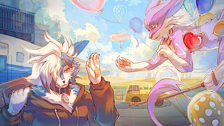 aircraft airplane ambiguous_gender anthro balloon blue_body blue_eyes blue_fur clothing collar duo fur inflatable pink_body pink_fur spots tail vehicle white_body white_fur yellow_eyes sovnia nintendo pokemon kian_(kianyemao) yemao_(kianyemao) canid canine felid feline generation_5_pokemon generation_7_pokemon liepard lycanroc mammal midnight_lycanroc pokemon_(species) shiny_pokemon 16:9 hi_res widescreen