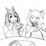 1:1 anthro black_and_white bovid canid canine canis caprine domestic_sheep duo eating eyes_closed food fur goat halo hi_res hladilnik horn hybrid lamb_son_(hladilnik) long_ears male mammal monochrome pizza sharp_teeth sheep smile teeth tommy_(hladilnik) traditional_halo wolf wool_(fur) young