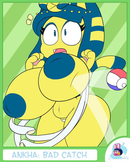 anthro areola asian_clothing bandage big_breasts blue_areola blue_body blue_eyes blue_fur blue_hair blue_nipples breasts clothing east_asian_clothing egyptian egyptian_clothing egyptian_headdress eyelashes female fur green_background hair huge_breasts inverted_nipples japanese_clothing maebari markings mostly_nude navel nipples open_mouth pattern_background simple_background slightly_chubby solo striped_background striped_markings striped_tail stripes surprised tail tail_markings text thick_thighs wardrobe_malfunction wide_eyed wide_hips yellow_body yellow_fur yummercummer animal_crossing nintendo ankha_(animal_crossing) domestic_cat felid feline felis mammal 4:5