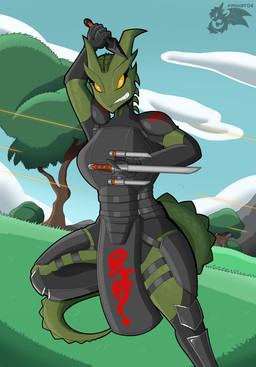 anthro cloud clouds_in_blackground female grass green_body kunai melee_weapon ninja plant sai_(weapon) shooting sky solo tree warrior weapon phunter15 epic_games fortnite mythology synthesis_(fortnite) dragon mythological_creature mythological_scalie scalie absurd_res hi_res