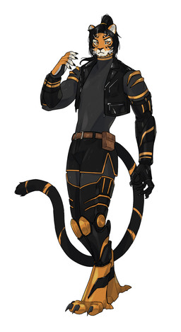 anthro biped bottomwear claws clothed clothed_anthro clothed_male clothing cybernetic_arm cybernetic_leg cybernetic_limb feet fingers front_view fully_clothed fully_clothed_anthro fully_clothed_male fur hair looking_at_viewer male prosthetic prosthetic_arm prosthetic_leg prosthetic_limb simple_background solo standing stripes tail toes topwear nulia felid mammal pantherine tiger 2026 digital_drawing_(artwork) digital_media_(artwork) hi_res