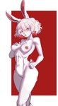 5_fingers anthro breasts female fingers fur genitals hair highlights_(coloring) navel nipples nude open_mouth pink_nipples pussy red_eyes scut_tail short_hair short_tail simple_background small_breasts solo tail white_body white_fur white_hair rolling_beast ima_(imabunbun) lagomorph leporid mammal rabbit absurd_res hi_res